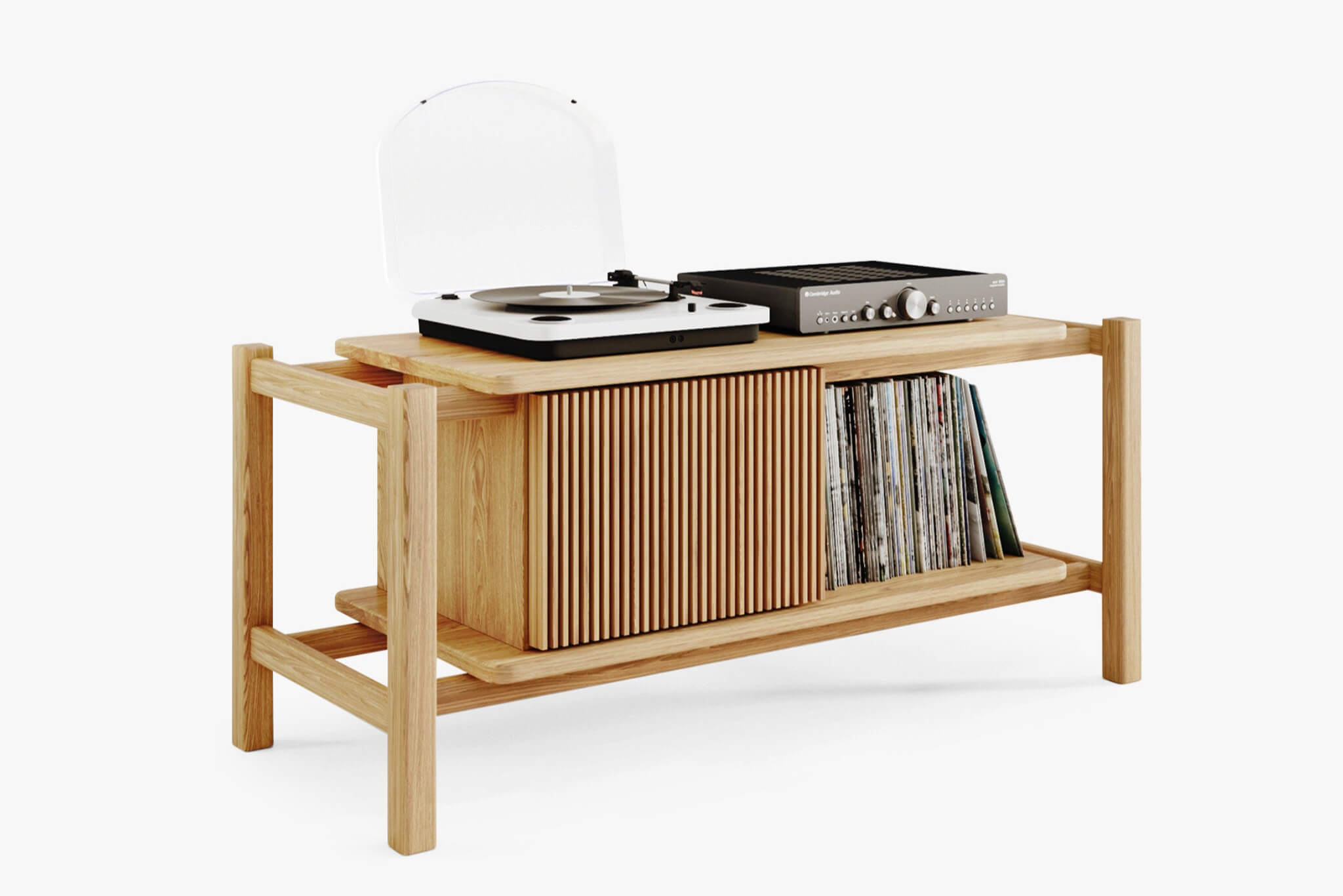 Wooden record player console with vinyl records turntable and amplifier on top shelf standing on a white background