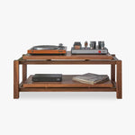 The best turntable stand by Kunsst, made from solid walnut offering an elegant hi-end audio rack solution for audiophile hifi turntable and amplifier standing on white background