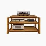A kunsst turntable stand with three isolation platforms, designed to support a turntable, hi-fi audio equipment, and additional components. The solid wood, minimalist design is presented against a clean white background.