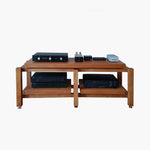 Kunsst wooden hi fi audio rack for with lamp amplifier and dac standing on white background