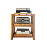 Handmade wooden audio rack for hifi amplifier and turntable on the top shelf, a Denon amplifier below, and a Rotel RCD-1572 CD player on the lowest platform, forming a minimalist audiophile setup photographed against a plain background.
